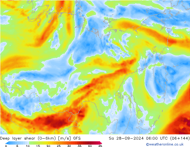 Deep layer shear (0-6km) GFS сб 28.09.2024 06 UTC