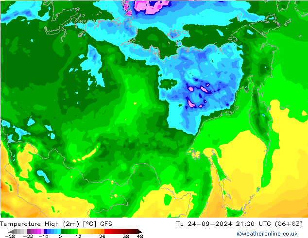 Temperature High (2m) GFS Tu 24.09.2024 21 UTC