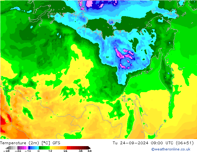 Temperature (2m) GFS Út 24.09.2024 09 UTC