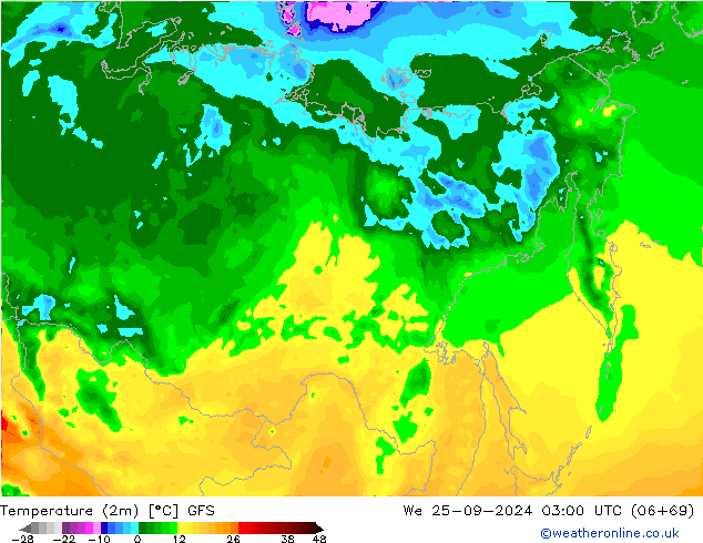 Temperatura (2m) GFS Qua 25.09.2024 03 UTC