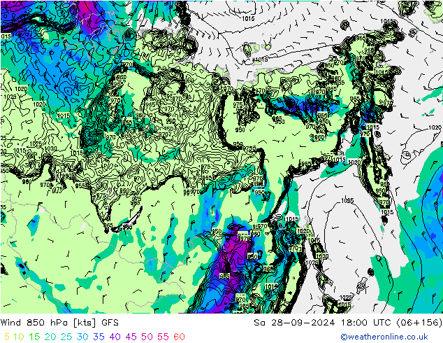 Vento 850 hPa GFS sab 28.09.2024 18 UTC