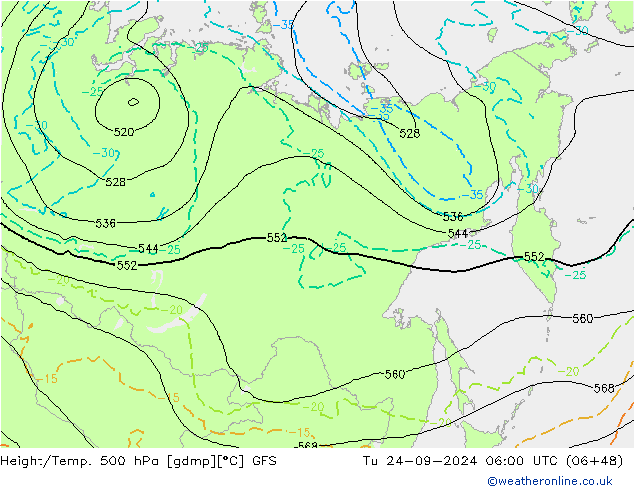 Z500/Rain (+SLP)/Z850 GFS Di 24.09.2024 06 UTC