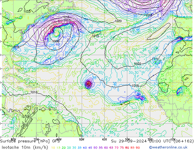 Isotachs (kph) GFS Su 29.09.2024 00 UTC