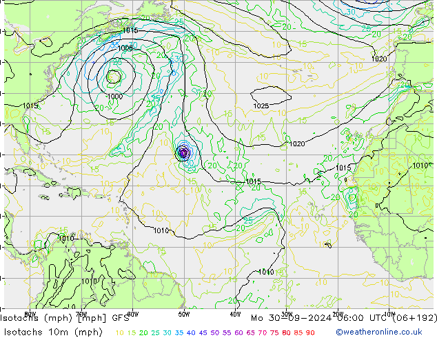 Isotachen (mph) GFS ma 30.09.2024 06 UTC