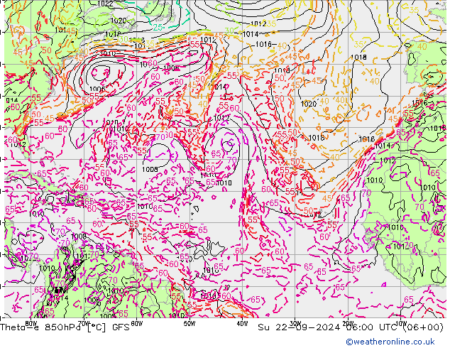 Theta-e 850hPa GFS dom 22.09.2024 06 UTC