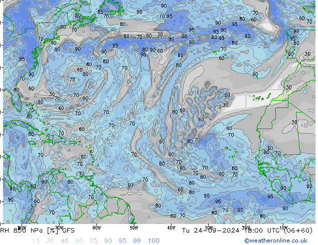 RH 850 hPa GFS Di 24.09.2024 18 UTC