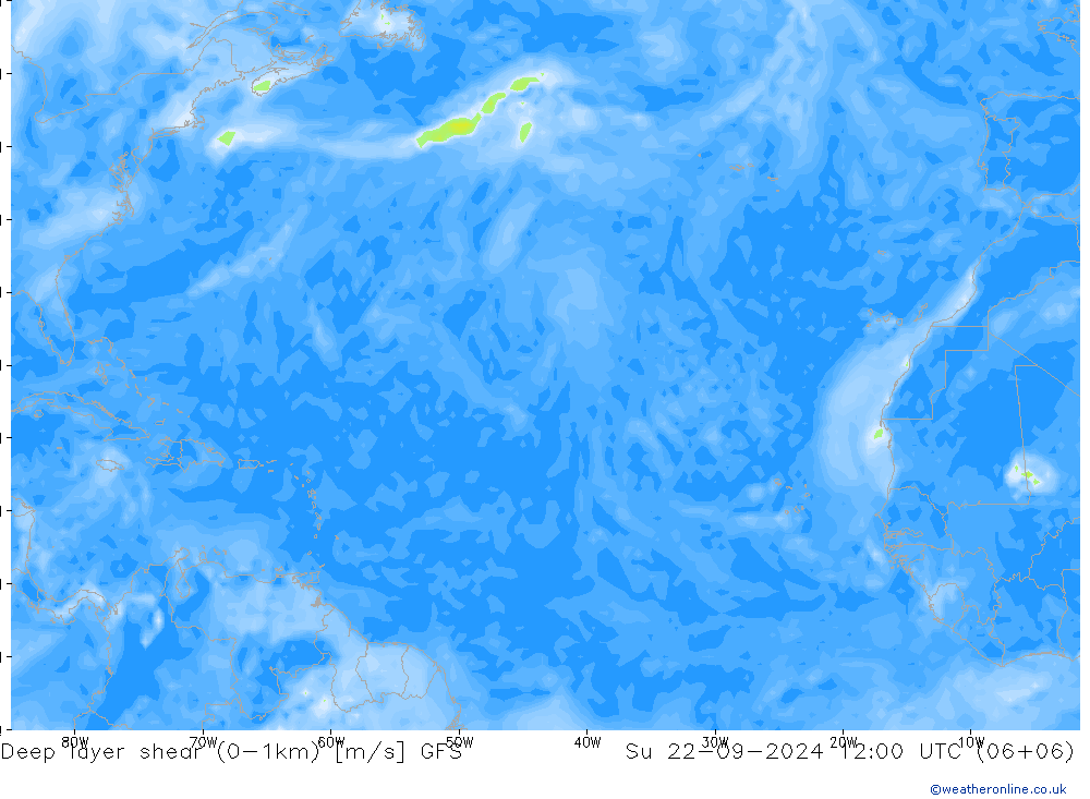 Deep layer shear (0-1km) GFS zo 22.09.2024 12 UTC