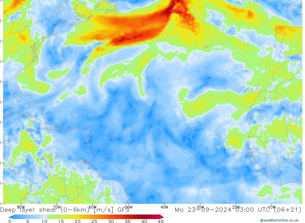 Deep layer shear (0-6km) GFS пн 23.09.2024 03 UTC