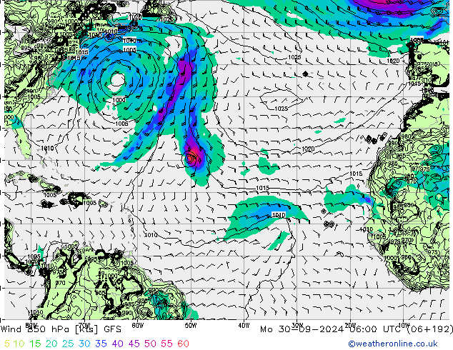 Rüzgar 850 hPa GFS Pzt 30.09.2024 06 UTC