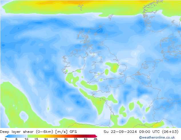 Deep layer shear (0-6km) GFS zo 22.09.2024 09 UTC