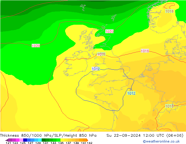 Schichtdicke 850-1000 hPa GFS So 22.09.2024 12 UTC