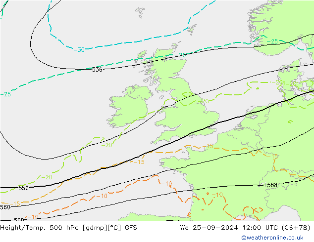 Z500/Rain (+SLP)/Z850 GFS Qua 25.09.2024 12 UTC