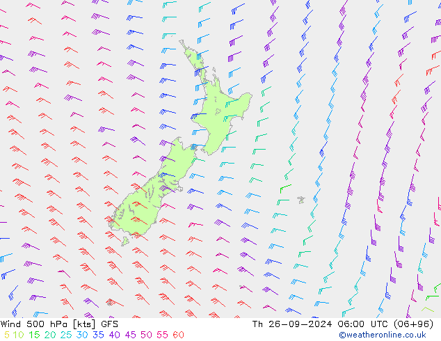 Vento 500 hPa GFS gio 26.09.2024 06 UTC