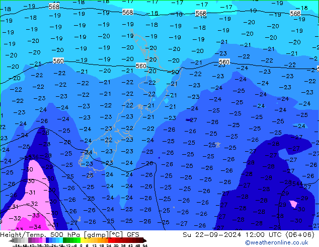 Z500/Rain (+SLP)/Z850 GFS dom 22.09.2024 12 UTC