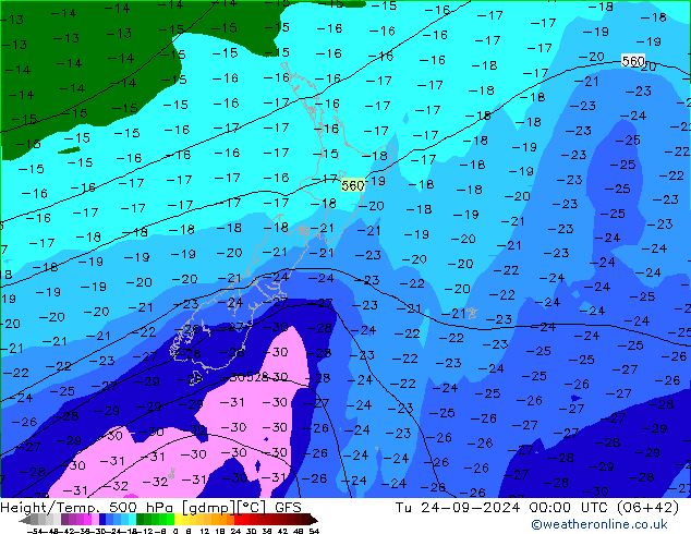 Z500/Rain (+SLP)/Z850 GFS Tu 24.09.2024 00 UTC