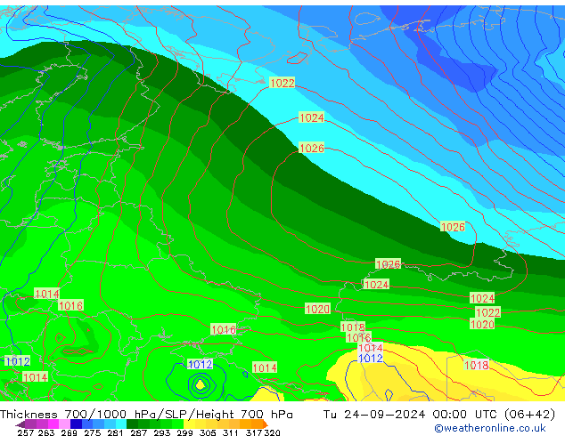 Thck 700-1000 hPa GFS Tu 24.09.2024 00 UTC