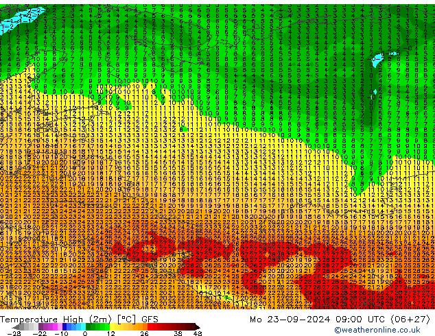 temperatura máx. (2m) GFS Seg 23.09.2024 09 UTC