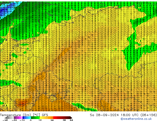 карта температуры GFS сб 28.09.2024 18 UTC