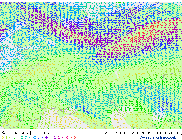 ветер 700 гПа GFS пн 30.09.2024 06 UTC
