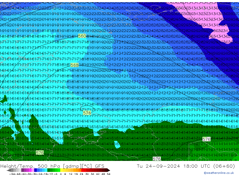 Height/Temp. 500 hPa GFS Út 24.09.2024 18 UTC