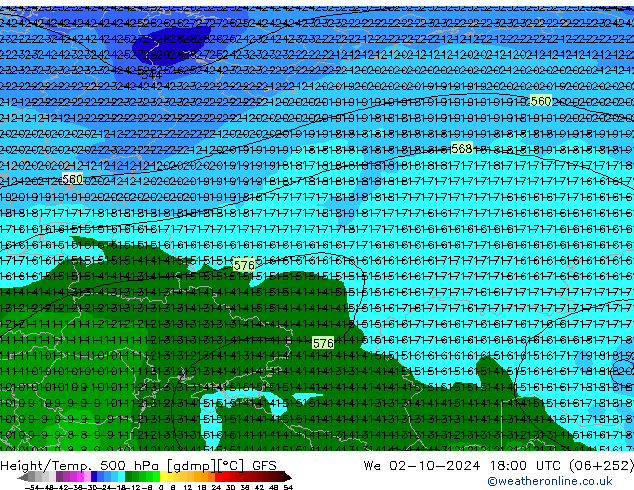 Z500/Rain (+SLP)/Z850 GFS We 02.10.2024 18 UTC