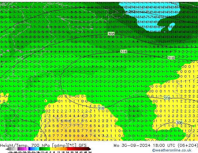 Geop./Temp. 700 hPa GFS lun 30.09.2024 18 UTC