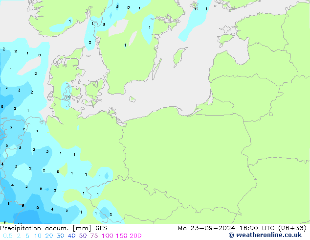 Precipitation accum. GFS Mo 23.09.2024 18 UTC