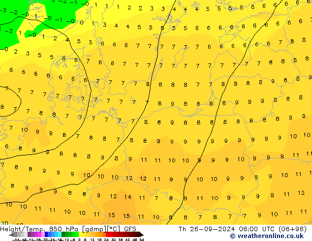 Z500/Rain (+SLP)/Z850 GFS gio 26.09.2024 06 UTC