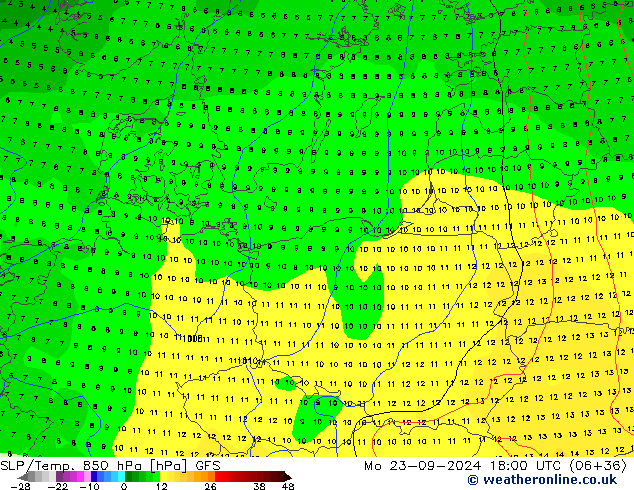 SLP/Temp. 850 гПа GFS пн 23.09.2024 18 UTC