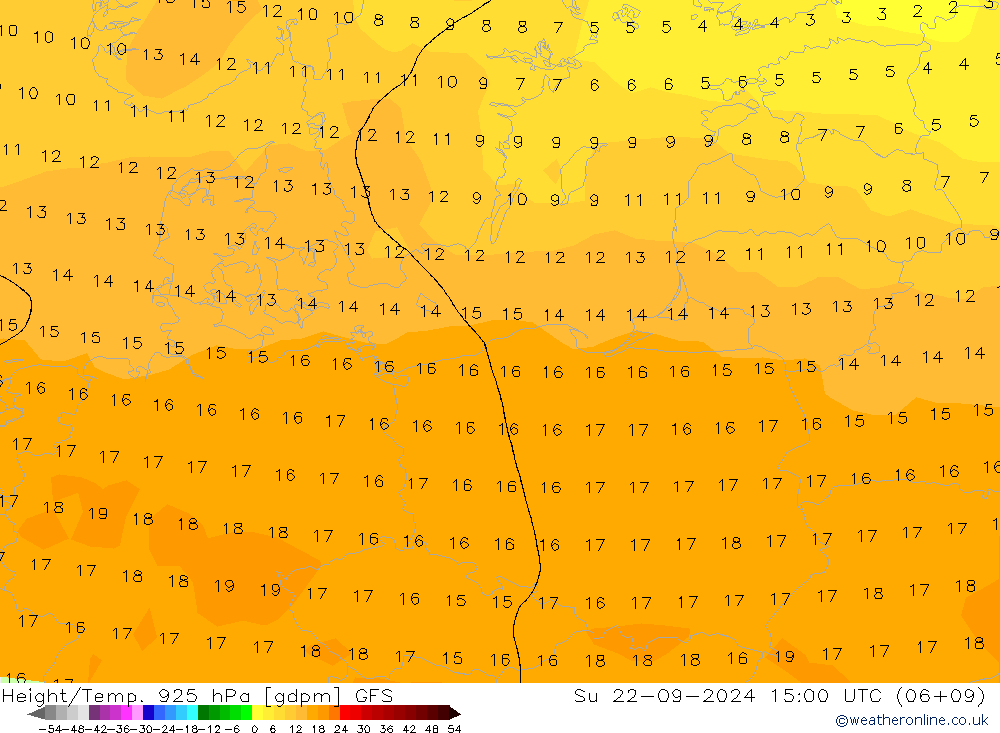 Height/Temp. 925 hPa GFS Su 22.09.2024 15 UTC