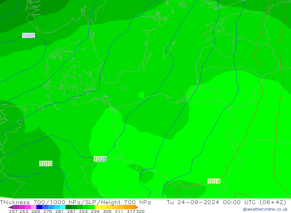 Thck 700-1000 hPa GFS Út 24.09.2024 00 UTC