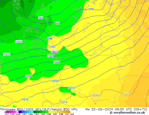 Thck 850-1000 hPa GFS We 25.09.2024 06 UTC