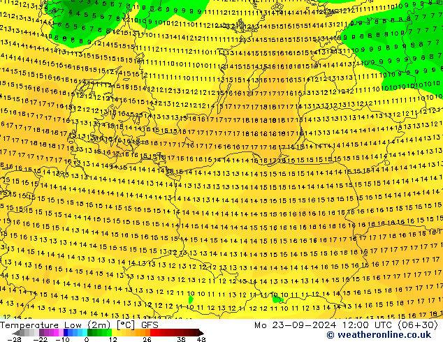 Nejnižší teplota (2m) GFS Po 23.09.2024 12 UTC