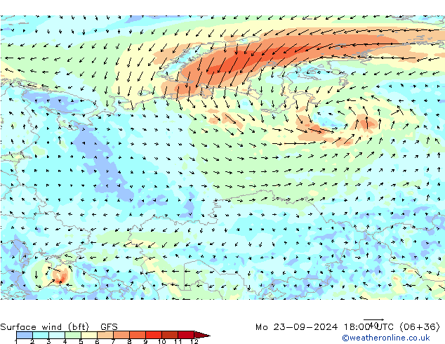 Surface wind (bft) GFS Mo 23.09.2024 18 UTC