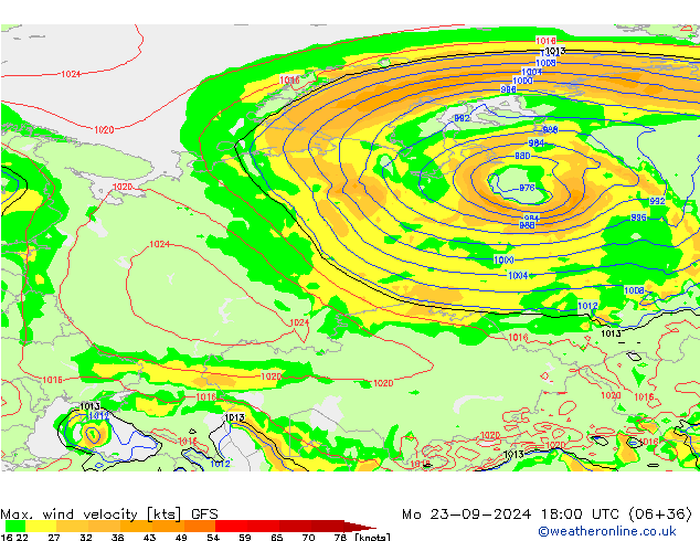 Max. wind velocity GFS Mo 23.09.2024 18 UTC