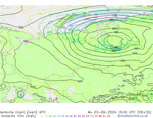 Isotachs (mph) GFS Mo 23.09.2024 15 UTC