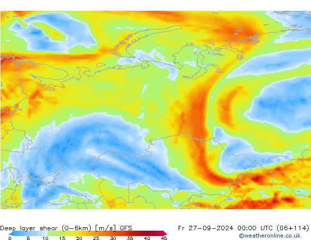 Deep layer shear (0-6km) GFS ven 27.09.2024 00 UTC