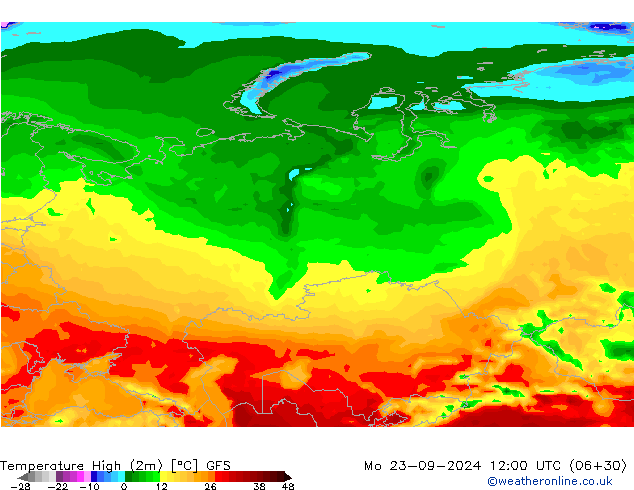 Nejvyšší teplota (2m) GFS Po 23.09.2024 12 UTC