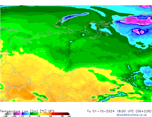 temperatura mín. (2m) GFS Ter 01.10.2024 18 UTC