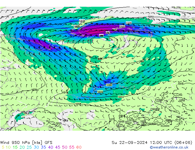 Rüzgar 950 hPa GFS Paz 22.09.2024 12 UTC