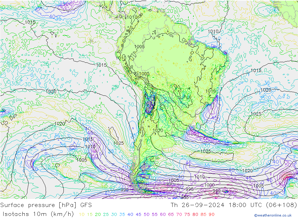 Isotachen (km/h) GFS do 26.09.2024 18 UTC