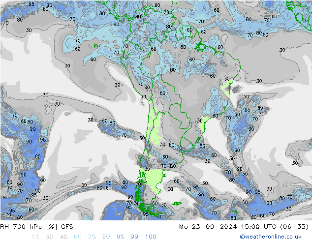 RH 700 гПа GFS пн 23.09.2024 15 UTC