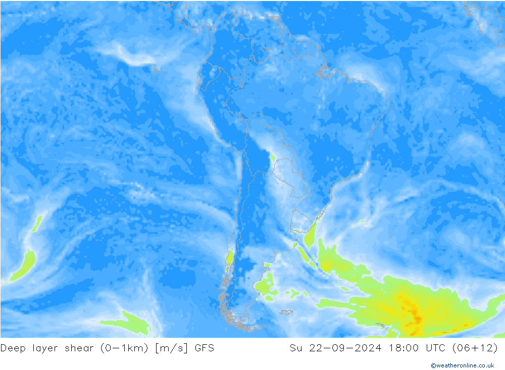 Deep layer shear (0-1km) GFS Dom 22.09.2024 18 UTC