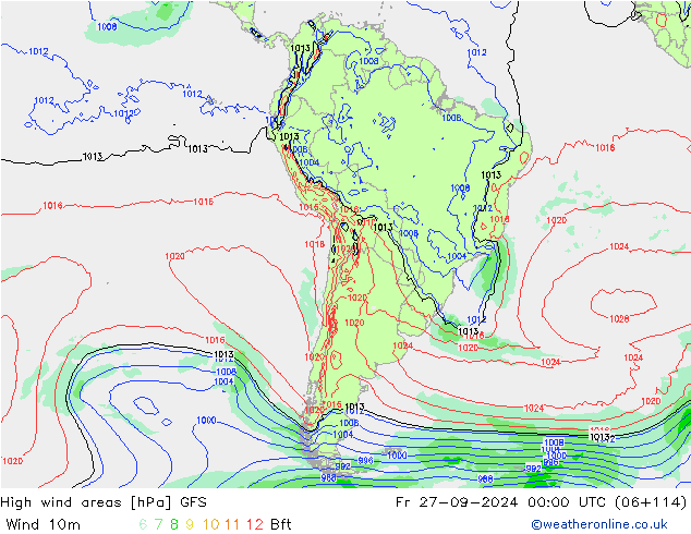 Windvelden GFS vr 27.09.2024 00 UTC