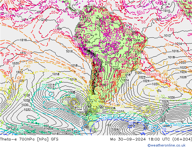 Theta-e 700hPa GFS lun 30.09.2024 18 UTC