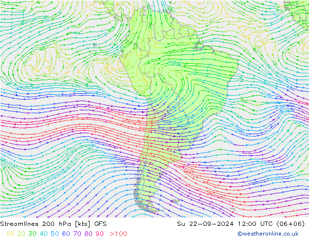 Linea di flusso 200 hPa GFS dom 22.09.2024 12 UTC