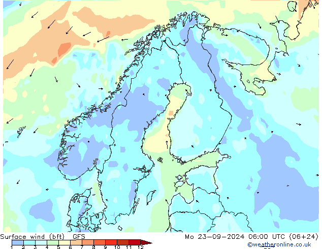 Bodenwind (bft) GFS Mo 23.09.2024 06 UTC