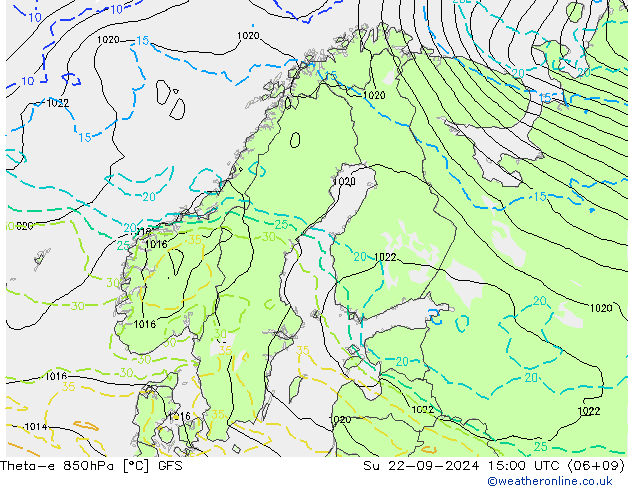 Theta-e 850hPa GFS dom 22.09.2024 15 UTC