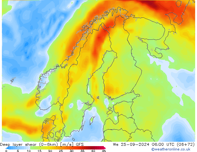 Deep layer shear (0-6km) GFS St 25.09.2024 06 UTC