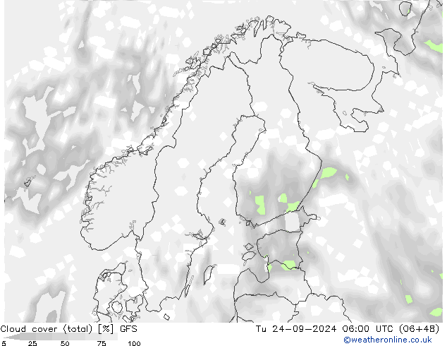 Cloud cover (total) GFS Tu 24.09.2024 06 UTC